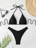Women Thong Bikini Sexy Solid White/Black/Coffee Halter Swimsuit Lace Up Brazilian Bathing Suit 2025 New Double Fabric Beachwear