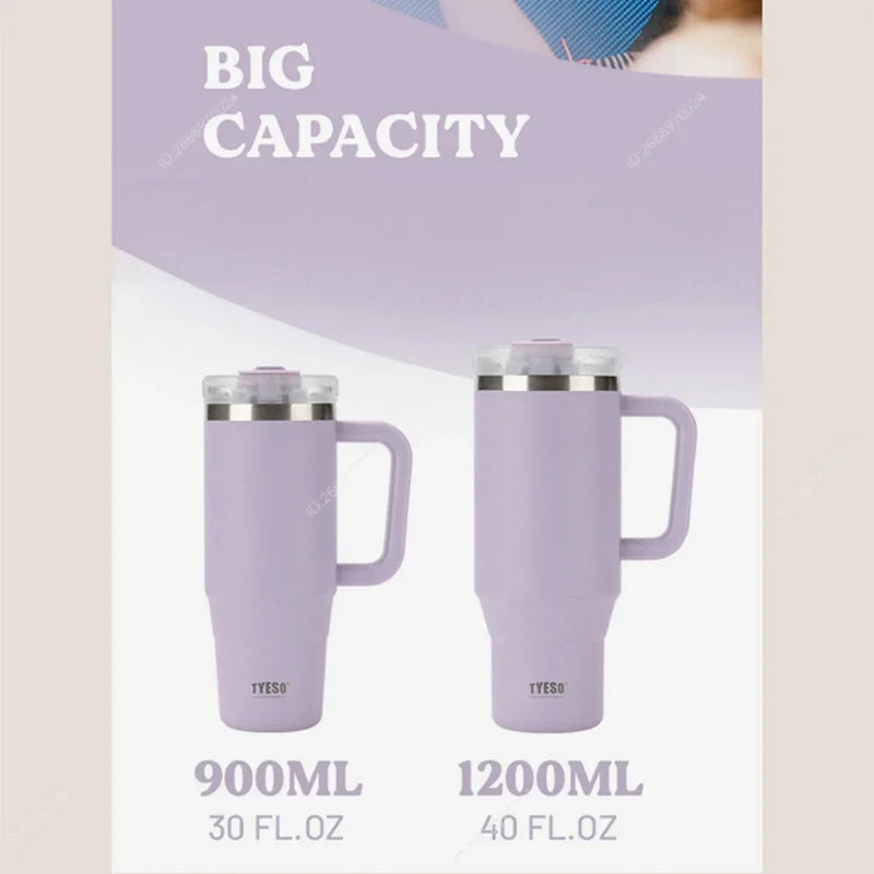 Tyeso 900/1200ML Tumbler Bottle Stainless Steel Car Mug With Handle Straw Thermal Iced Travel Vacuum Insulated Coffee Hot Cup